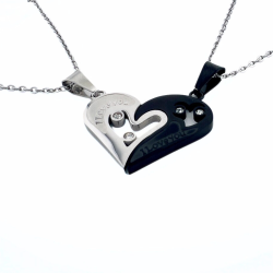 Pendentifs couple coeur sécable couple acier et plaqué noir et 2 chaines