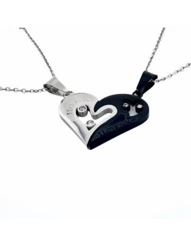 Couple pendants breakable heart couple steel and black plated and 2 chains