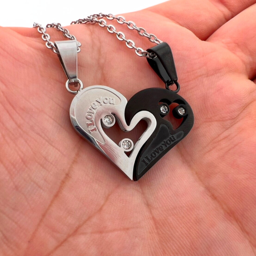 Pendentifs couple coeur sécable couple acier noir et 2 chaines