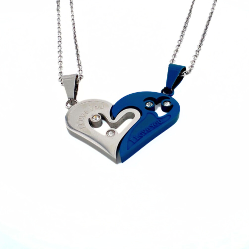 Breakable heart pendants for men and women in blue steel and 2 chains
