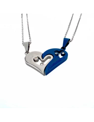 Breakable heart pendants for men and women in blue steel and 2 chains