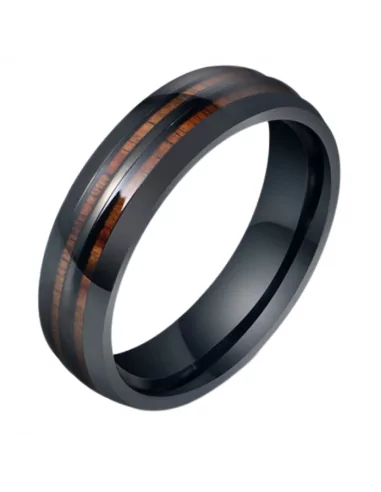 Men's black steel wedding ring double line wooden ring