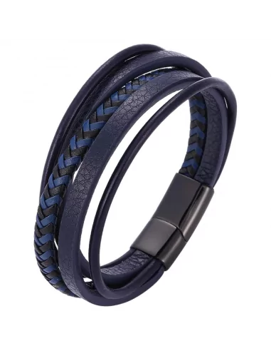 Men's five-row leather bracelet in blue with black steel clasp