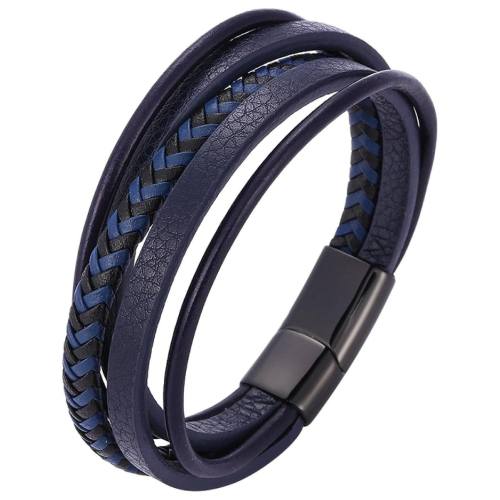 Pulsera hombre de cuero cinco filas de color azul cierre de acero negro