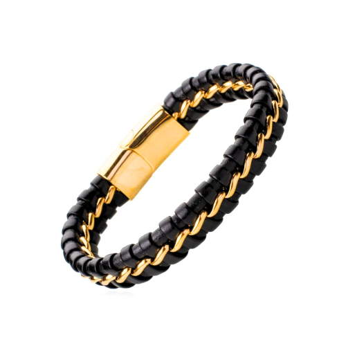 Pulsera de cuero para hombre, cadena barbada, cierre de acero chapado en oro y negro