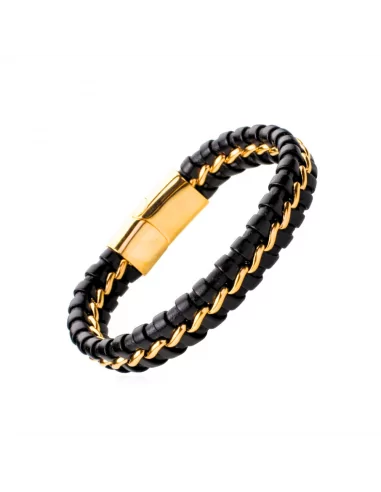 Men's leather bracelet, curb chain, black and gold plating steel clasp