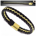 Pulsera de cuero para hombre con cadena barbada, cierre de acero bañado en oro negro y bis