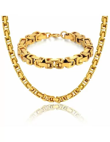 Parure bracelet et chaine byzantine pour homme acier doré or fin 5mm