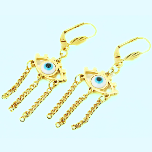 Women's earrings, golden steel, fine gold, protective eye, nazareth, blue background