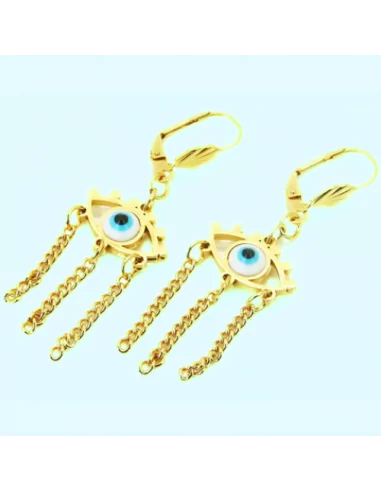 Women's earrings, golden steel, fine gold, protective eye, nazareth, blue background
