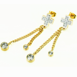 Boucles d'oreilles femme acier doré or fin croix chainettes zircons fond jaune