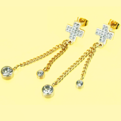 Women's earrings, golden steel, fine gold cross, zircon chains, yellow background