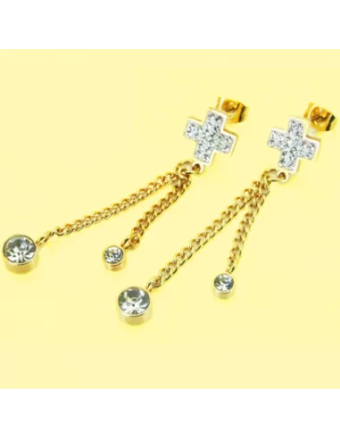 Damenohrringe, goldener Stahl, feines goldenes Kreuz, Zirkonketten, gelber Hintergrund