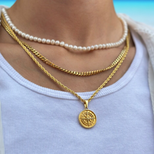 Men's compass pendant necklace, chain included, steel model, fine gold bis