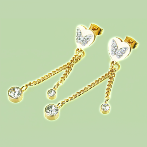 Orecchini da donna, acciaio dorato, oro fino, cuore farfalla, catenelle zirconi, sfondo verde