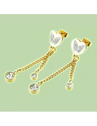 Women's earrings, gold steel, fine gold, butterfly heart, zircon chains, green background