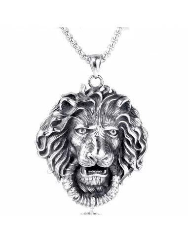 Collar con colgante de cabeza de león grande para hombre con aldaba de acero, cadena incluida
