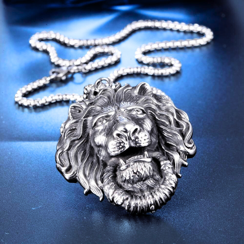 Men's large lion head pendant necklace with steel knocker, chain included, blue background