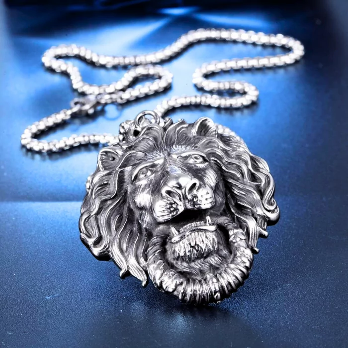 Collier Homme Tête de lion acier inoxydable argenté--Colliers -- Lookeven