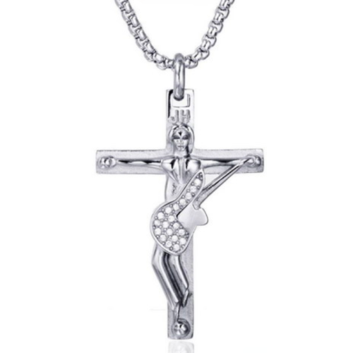 Johnny Hallyday Colgante Collar Cross Guitar Cadena de acero inoxidable Incluido Modelo Hombre