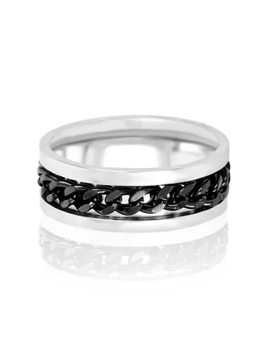 Men's engagement ring with rotating black plated chain and steel