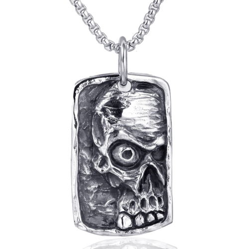 Collar con colgante de acero para hombre, placa de calavera terrorífica, motero, cadena incluida