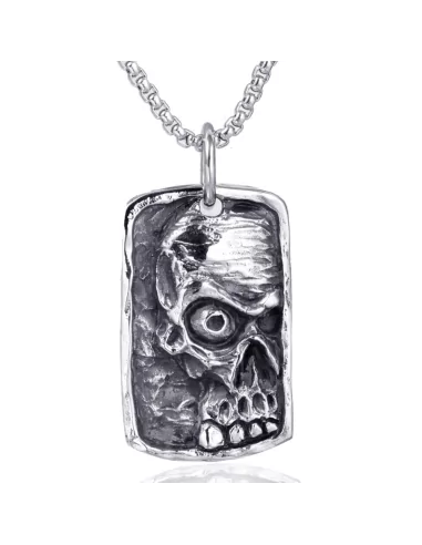 Men's steel pendant necklace, terrifying skull plate, biker, chain included