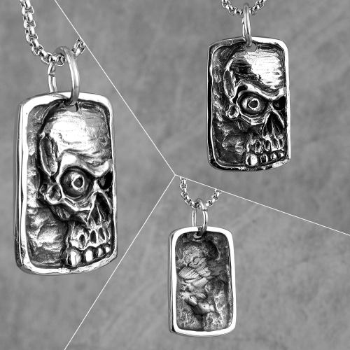 Men's steel pendant necklace with terrifying skull plate, biker side view, back