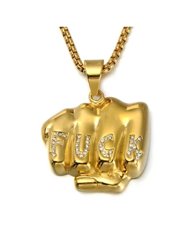 Fist Fuck Fist, collana con pendente da uomo in acciaio dorato con oro zecchino, catena inclusa