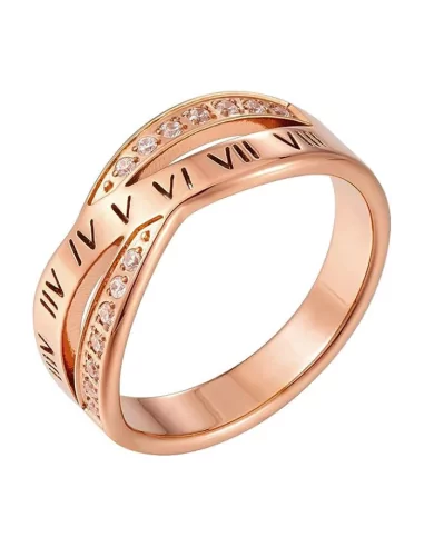 Fede nuziale da donna in acciaio con incrocio di anelli con finti diamanti e numeri romani