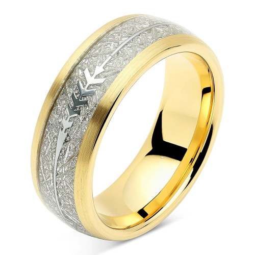 Anillo de bodas alianza masculina acero dorado oro fino flecha de meteorito de Ull vikingo