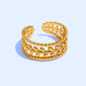 Open ring adjustable ring for women in steel gilded with fine gold laurel leaf
