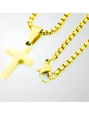 Ciondolo croce da uomo e catena inclusi, in acciaio inossidabile placcato oro fino