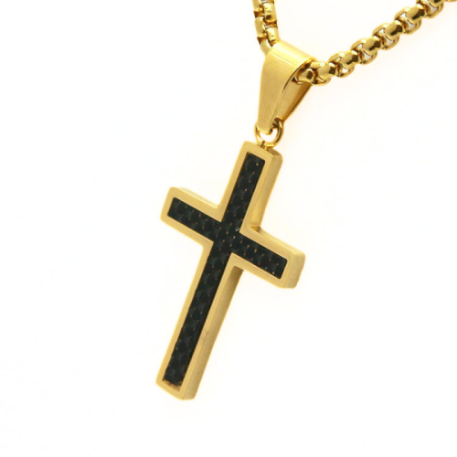 Collana a sospensione a croce carbonio e profilo in oro in acciaio inox
