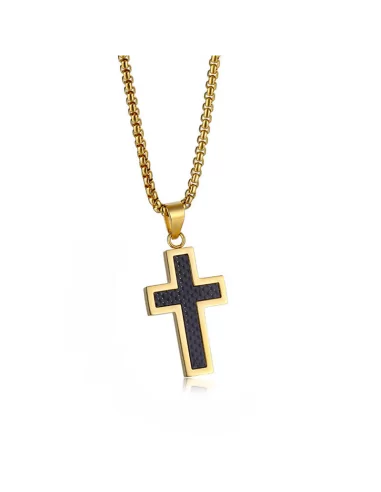 Men's carbon and steel cross pendant necklace, choice of silver or gold color