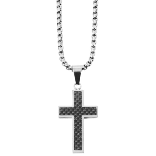 Collier pendentif croix carbone et acier inoxydable couleur argent de face