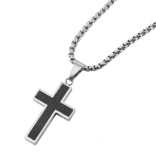Collier pendentif croix carbone et acier inoxydable couleur argent doré de profil