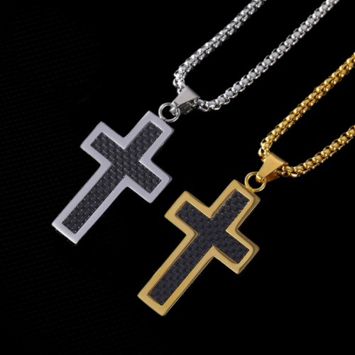 Men's Pendant Cross Carbon Pendant Necklace and Silver or Gold Choice Steel On Black Profile Background