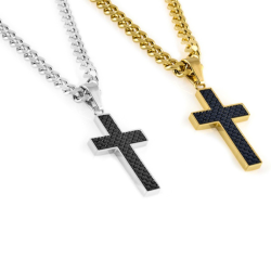 Men's Necklace Men Carbon Cross and Steel Color Choice Silver or Gold