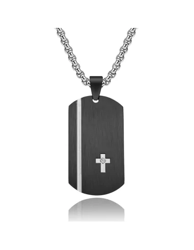 Men's pendant military plate in black steel chic sober Latin cross zircon