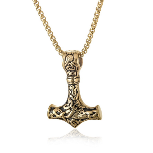 Collana con ciondolo a martello di Thor Mjolnir vichingo in acciaio dorato con catena in oro fine inclusa