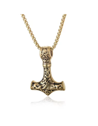 Collana con ciondolo a martello di Thor Mjolnir vichingo in acciaio dorato con catena in oro fine inclusa