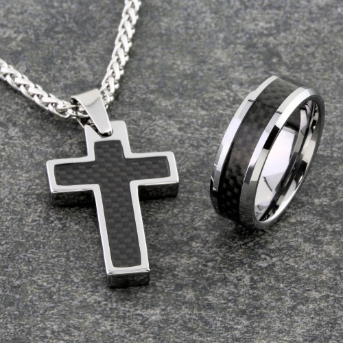 Men's ring in stainless steel and black carbon...