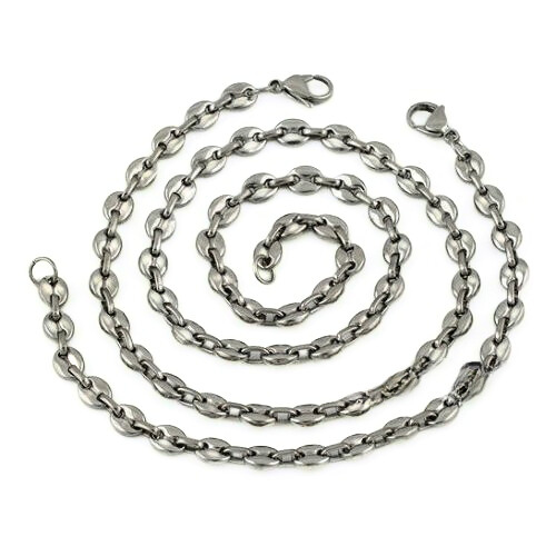 Set bracelet and chain man solid steel coffee grain 7mm white background