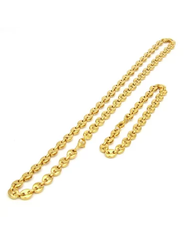 Fine gold stainless steel coffee bean necklace and bracelet set 7mm