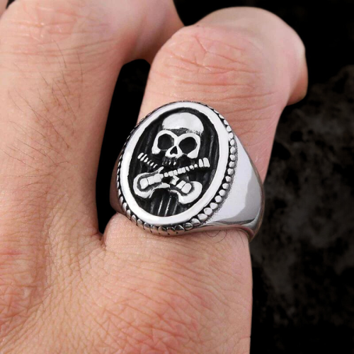 Anello con sigillo in acciaio da uomo, chitarra rock star, teschio motociclista