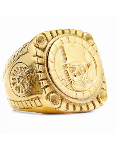 Men's signet ring fine gold steel biker skull cigar imposing up close