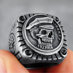 Large bague homme chevalière acier biker tête de mort liberty 1927