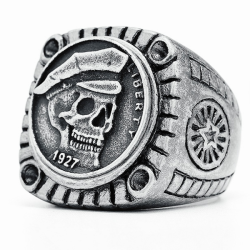 Large men's ring signet steel biker skull liberty 1927