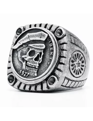 Large men's ring signet steel biker skull liberty 1927